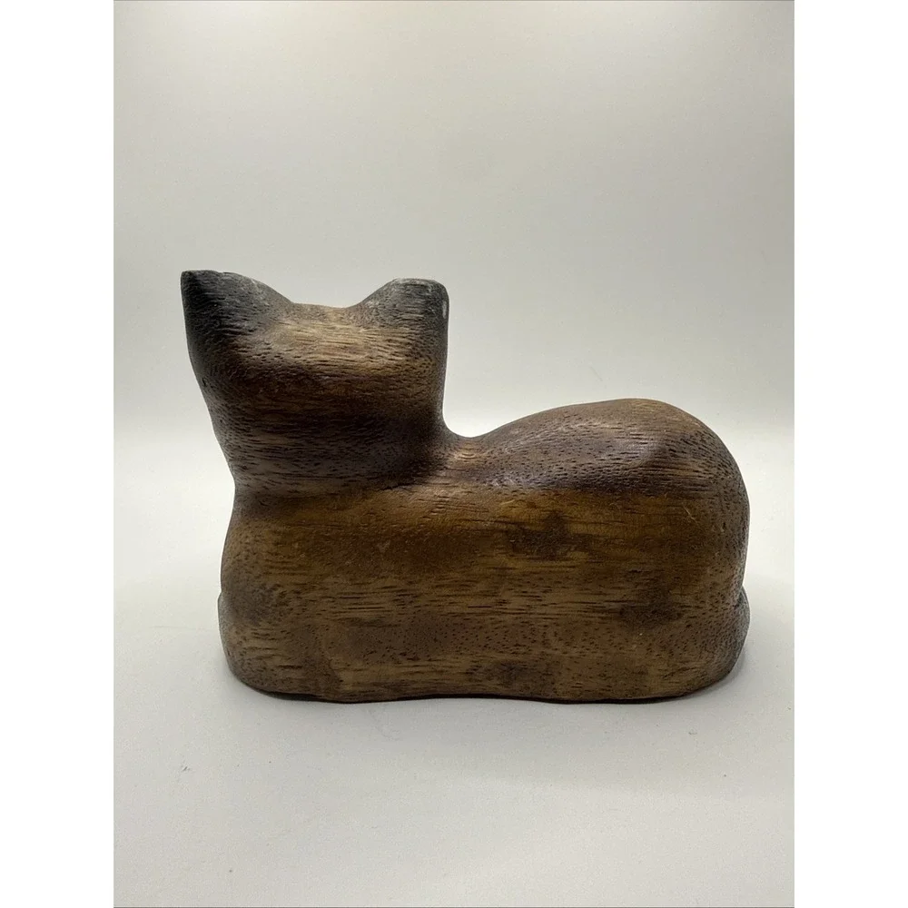 Black Brown Hand Carved Wood Yawning Cat Figurine Sculpture Thailand Kitty 6x4